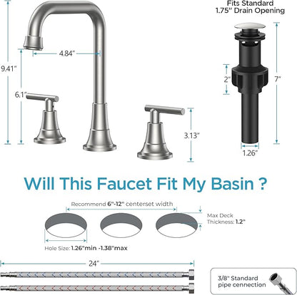 FORIOUS Brushed Nickel Bathroom Faucet 3 Hole with Dual Handles, 8 Inch Widespread Faucet for Bathroom Sink with Pop Up Drain Assembly and Water Suplly Hoses, RV Vantiy Farmhouse Ready