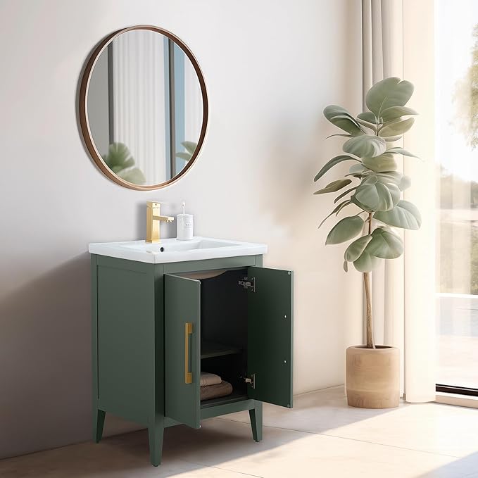 Vanity Art 24 inch Bathroom Vanity with Single Sink & Ceramic Top, Vanity Cabinet with Soft-Closing Doors, Solid Wood Frame, Vintage Green,VA9024-VG-MB1