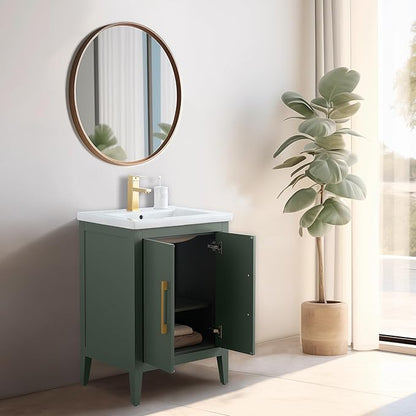 Vanity Art 24 inch Bathroom Vanity with Single Sink & Ceramic Top, Vanity Cabinet with Soft-Closing Doors, Solid Wood Frame, Vintage Green,VA9024-VG-MB1