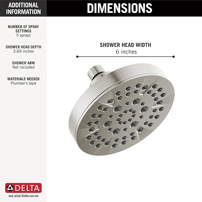 Delta 6-Setting Brushed Nickel Shower Head with High Pressure Spray, 6 Inch Round Shower Head, Showerheads, 1.75 GPM Flow Rate, Stainless 52535-SS