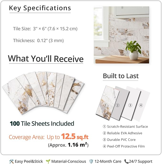 StyloVue 100 Pieces Peel and Stick Backsplash for Kitchen, 3" x 6" PVC Subway Tile, 2026 Upgraded Ivory Calacatta Marble Look with Gold Veining, Glossy Finish, Stick on Tile for Kitchen, Fireplace, RV
