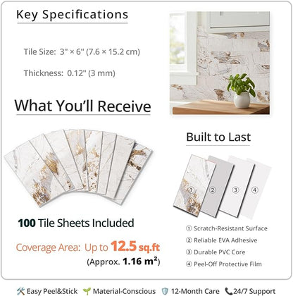 StyloVue 100 Pieces Peel and Stick Backsplash for Kitchen, 3" x 6" PVC Subway Tile, 2026 Upgraded Ivory Calacatta Marble Look with Gold Veining, Glossy Finish, Stick on Tile for Kitchen, Fireplace, RV
