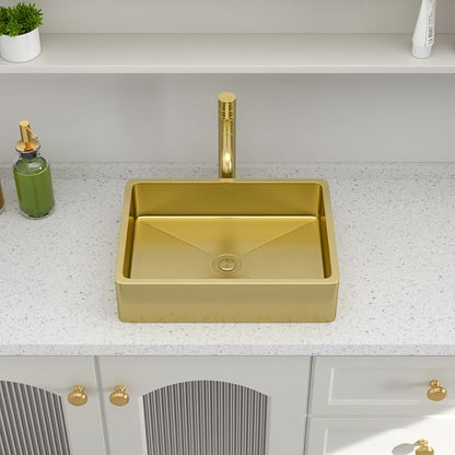 Logmey 16" Gold Shallow Bathroom Vessel Sink 16x12 Small Handmade 16 Gauge Stainless Steel Above Counter 4" Deep RV Bathroom Sink Rectangle Vessel Sinks with Pop up Drain Set