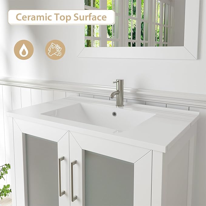 Vanity Art 54 Inch Under Mount Single Sink Bathroom Vanity Cabinet with 1 Mirror, Ceramic Top Bathroom Cabinet Compact Set with 8 Dovetail Drawers and Brushed Nickel Handles, VA3030-54-W