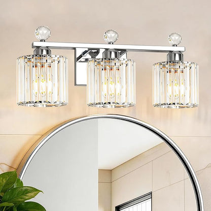 Modern Crystal Bathroom Vanity Light, 3-Lights Bathroom Light Fixtures, Chrome Vanity Light Fixtures over Mirror, Easy Installation & Dimmable Lighting, Crystal Wall Light Fixtures for Bathroom