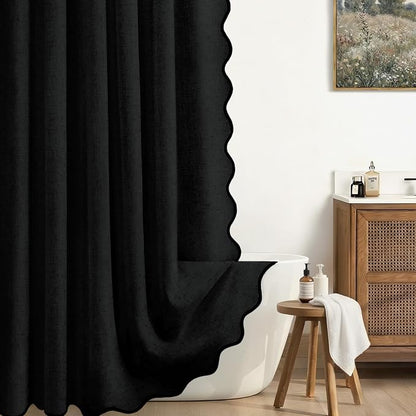 Scalloped Shower Curtain Linen Boho Flax Black 72" W x 84" L | Linen Fabric, Black Border, Washable, Heavy Duty Cloth, Shower Curtain for Boho Farmhouse Bathroom Bathtub