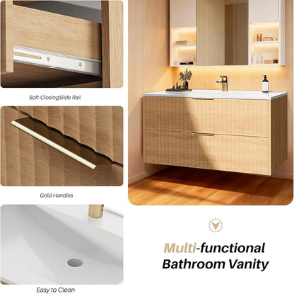 24 Inch Bathroom Vanity with Sink, Modern Floating Bathroom Vanity with Resin Sink, 2 Large Storage Darwers, Wood Grain Texture Wall Mounted Vanity, Gold Handles