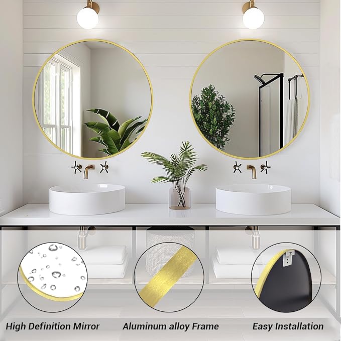 Small Round Mirror, 16 inch Gold Circle Mirror, Brushed Metal Frame | High Definition Mirror, Waterproof, Easy Installation, Circular Mirrors for Vanity, Nursery, Bedroom, Wall Décor