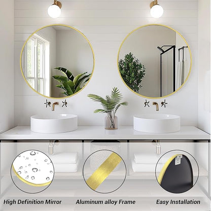Gold Round Mirror 24 inch, 2 Pack Circle Mirror,Brushed Metal Frame | High Definition Mirror, Waterproof, Sturdy, Circle Mirror for Bathroom, Bedroom, Entryway, Living Room, Wall Décor