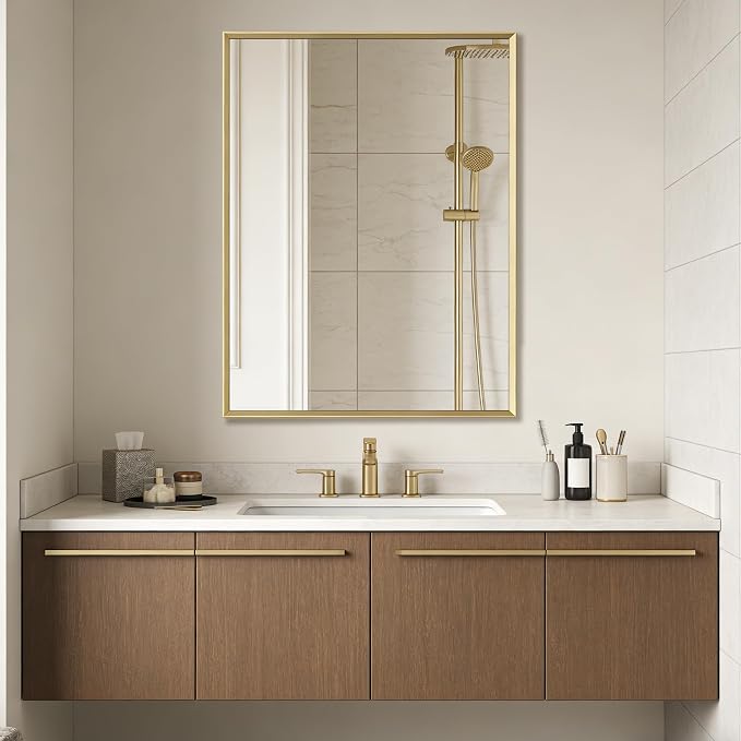 Bathroom Wall Mirror, 40" x 30" Brushed Gold Vanity Mirror for Over Sink | Rectanglar Sleek Beveled Framed Mirror for Over Sink, Tempered Glass, Anti-Rust, Hangs Horizontally or Vertically