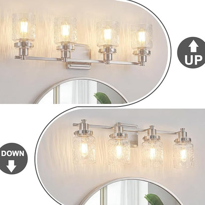4 Light Bathroom Vanity Light Fixtures Modern Brushed Nickel | ETL Certificate, Easy to Install,Wall Mount Up or Down,Hammered Glass Lampshade,E26 Socket,Hardwired,120V