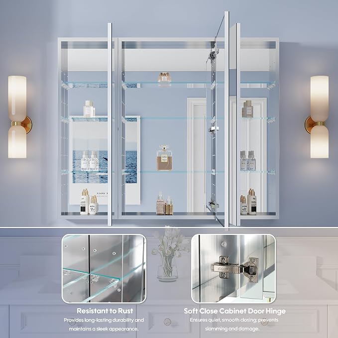 44" x 36" Bathroom Medicine Cabinet with Mirror, Anodized Chrome Aluminum Frame, Surface Mount or Recessed Medicine Cabinet with Mirror, Bathroom Mirror with Storage, Three Doors