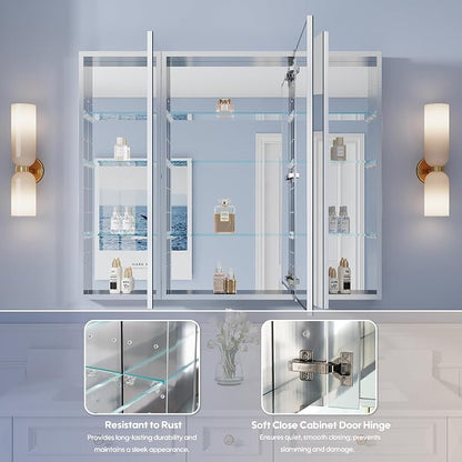 44" x 36" Bathroom Medicine Cabinet with Mirror, Anodized Chrome Aluminum Frame, Surface Mount or Recessed Medicine Cabinet with Mirror, Bathroom Mirror with Storage, Three Doors