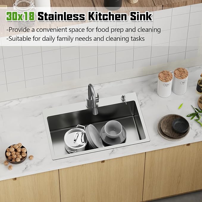 30x18 In Drop Inch Kitchen Sink-Stainless Steel Topmount Modern Single Bowl Kitchen Sink Come With Silicon Mat, Drain Strainer Set Offer Large Basin And Compatibility With Various Kitchen&Bar Style