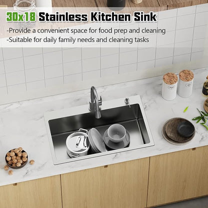 30x18 In Drop Inch Kitchen Sink-Stainless Steel Topmount Modern Single Bowl Kitchen Sink Come With Silicon Mat, Drain Strainer Set Offer Large Basin And Compatibility With Various Kitchen&Bar Style