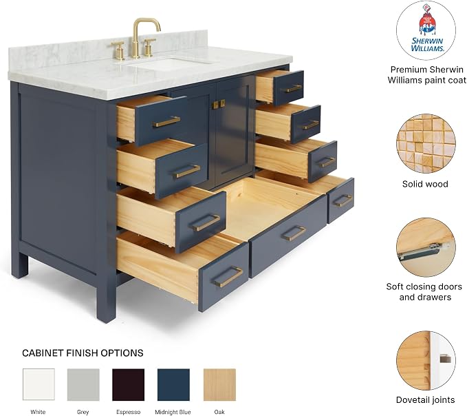 DKB Beckford 54-Inch Midnight Blue Single Bathroom Vanity with Sink, Italian Carrara White Marble Countertop, Rectangle Undermount Sink, 2 Soft-Closing Doors, 9 Dovetail Drawers, No Mirror