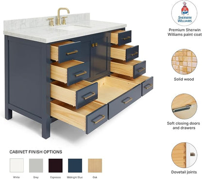 DKB Beckford 54-Inch Midnight Blue Single Bathroom Vanity with Sink, Italian Carrara White Marble Countertop, Rectangle Undermount Sink, 2 Soft-Closing Doors, 9 Dovetail Drawers, No Mirror