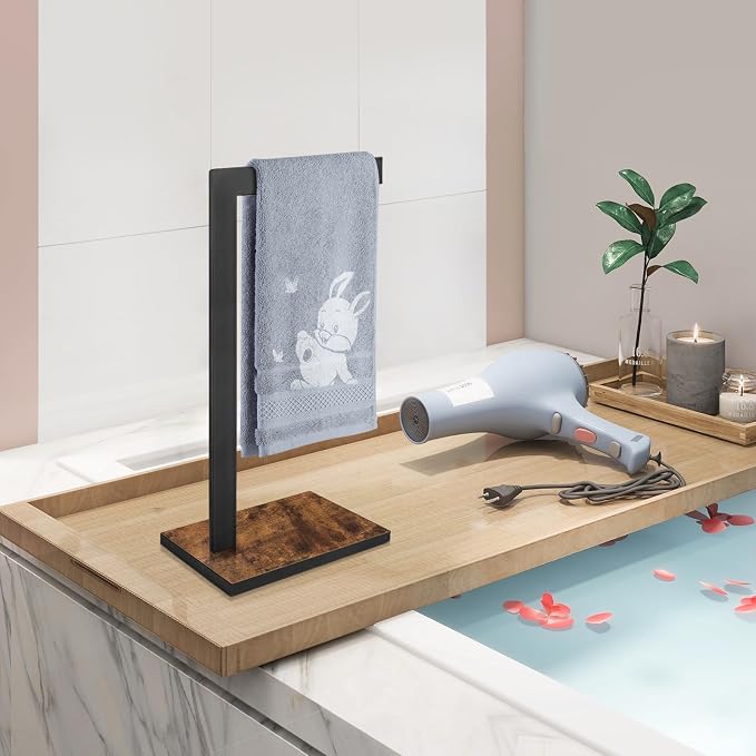 Hand Towel Stand for Bathroom Counter, L-Shape Hand Towel Holder | Towel Holder Stand Height 13.85'' for Vanity Countertop, Kitchen Counter, Rustic Brown-Square Base-L Shape
