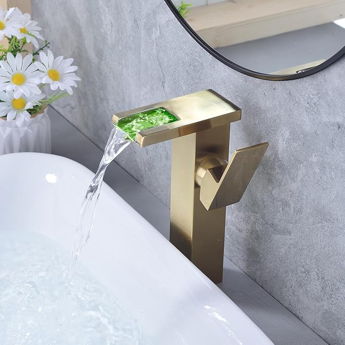 LED Waterfall Bathroom Sink Faucet, 3 Colors Spout Faucet with Water Supply Hose, Single Handle Single Hole Slanted Body Brass Mixer Vanity Sink Tap Brushed Gold