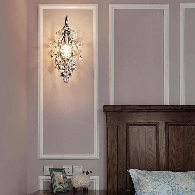 Fetason Indoor Hardwired Silver Crystal Vintage Wall Sconces Light Set of 2 | Modern Wall Mounted Lamp Light Fixture for Bedroom Living Room Bathroom Vanity Light Hallway Light Fixture Decor LED E12