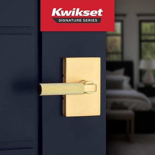 Kwikset Mirada Reeded Interior Privacy Door Handle with Lock, Handle for Bathroom and Bedroom, Satin Brass, Reversible Keyless Push Button Lock, with Microban Protection