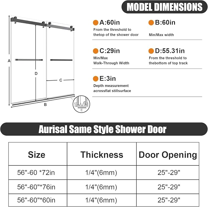 Frameless Sliding Bathtub Shower Door 60" W x 60" H, 1/4" (6mm) Clear Tempered Glass Tub Shower Door, Double Sliding Glass Shower Door with Full Stainless Steel Hardware, Matte Black