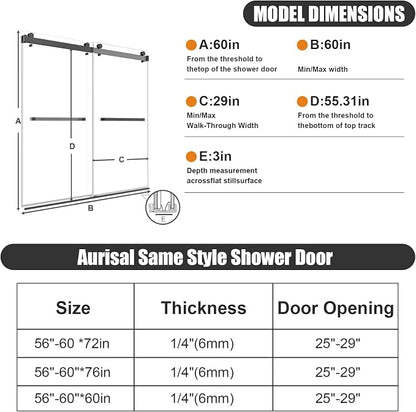 Frameless Sliding Bathtub Shower Door 60" W x 60" H, 1/4" (6mm) Clear Tempered Glass Tub Shower Door, Double Sliding Glass Shower Door with Full Stainless Steel Hardware, Matte Black