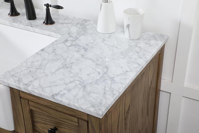 48" Pre-Assembled Bathroom Vanity with Sink, Solid Birch and MDF, Carrara White Marble Countertop Attached, Single Rectangle Porcelain Sink, 6 Soft-Close Drawers, Driftwood