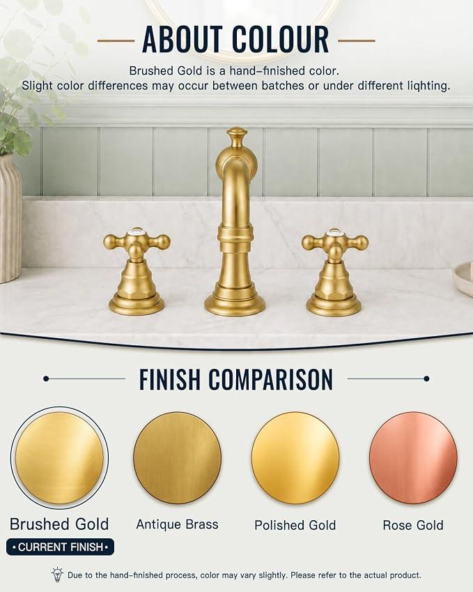 gotonovo Bathroom Faucet 3 Hole Vintage, Brushed Gold, Hot Cold Label | Widespread Bathroom Sink Faucet 8 Inch 2 Cross Handles,Pop Up Drain,cUPC Supply Line,4-15.7” Install,for Vanity Farmhouse RV