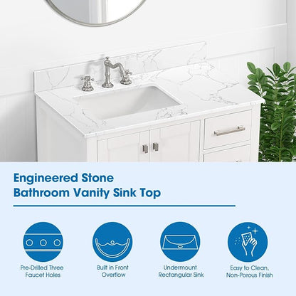 36 Inch Engineered Stone Bathroom Vanity Sink Top, with Undermount Rectangular Left Side Sink, Vanity Countertop with 8 inch Faucet Hole Spacing and Backsplash in Lightning White
