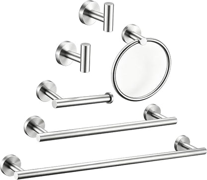 6 Pieces Brushed Nickel Bathroom Hardware Accessories Set Hand Towel Ring 16&23.6 inch Round Towel Bar Silver Toilet Paper Holder Towel Hooks 2 Pieces SUS 304 Stainless Steel,Heavy Duty,Wall Mounted