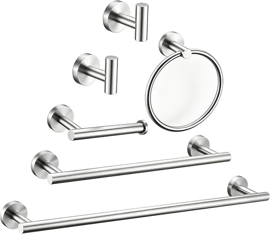 6 Pieces Brushed Nickel Bathroom Hardware Accessories Set Hand Towel Ring 16&23.6 inch Round Towel Bar Silver Toilet Paper Holder Towel Hooks 2 Pieces SUS 304 Stainless Steel,Heavy Duty,Wall Mounted