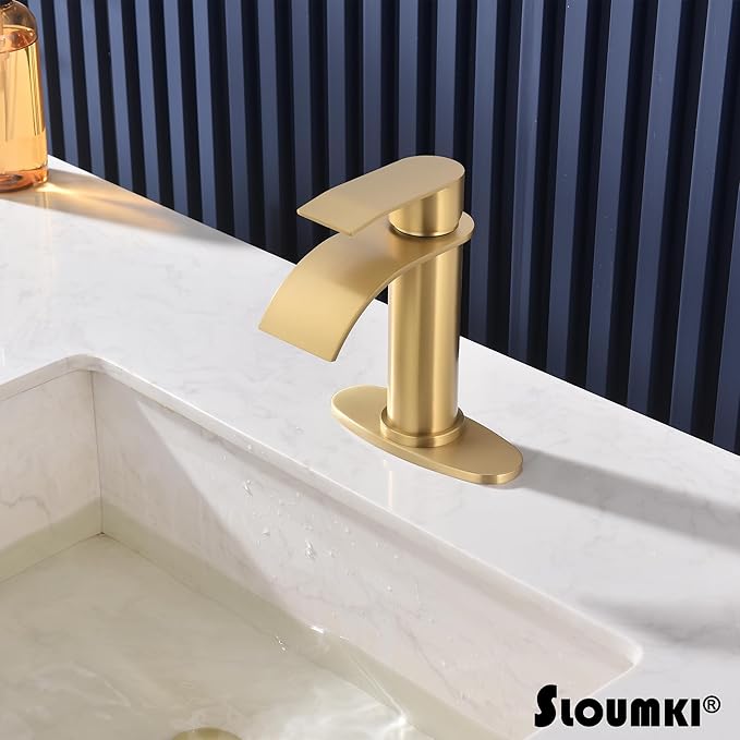 Brushed Gold Waterfall Bathroom Faucet Single Hole, Gold Bathroom Faucet for Sink 1 Hole with 6 in Deck Plate and Pop Up Drain and Supply Hose, Modern Bathroom Sink Faucet，SL5002BG