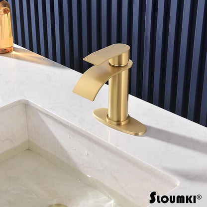 Brushed Gold Waterfall Bathroom Faucet Single Hole, Gold Bathroom Faucet for Sink 1 Hole with 6 in Deck Plate and Pop Up Drain and Supply Hose, Modern Bathroom Sink Faucet，SL5002BG