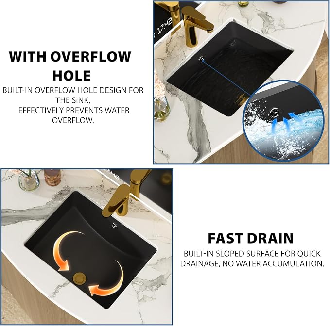 Black Undermount Bathroom Sink 18"x14"Ceramic Basin | Modern Porcelain Under Counter Bathroom Vanity Sink, Interior Bowl 16.3"x 16.9", Rectangular Undermount Basin with Overflow