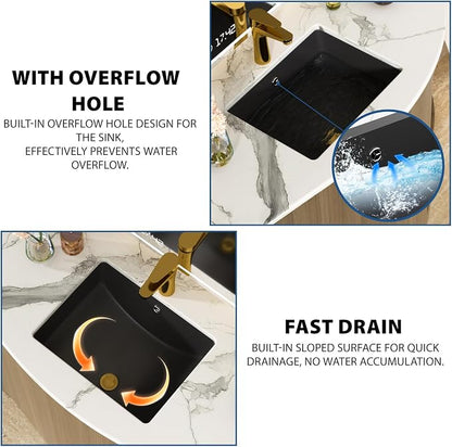 Black Undermount Bathroom Sink 18"x14"Ceramic Basin | Modern Porcelain Under Counter Bathroom Vanity Sink, Interior Bowl 16.3"x 16.9", Rectangular Undermount Basin with Overflow