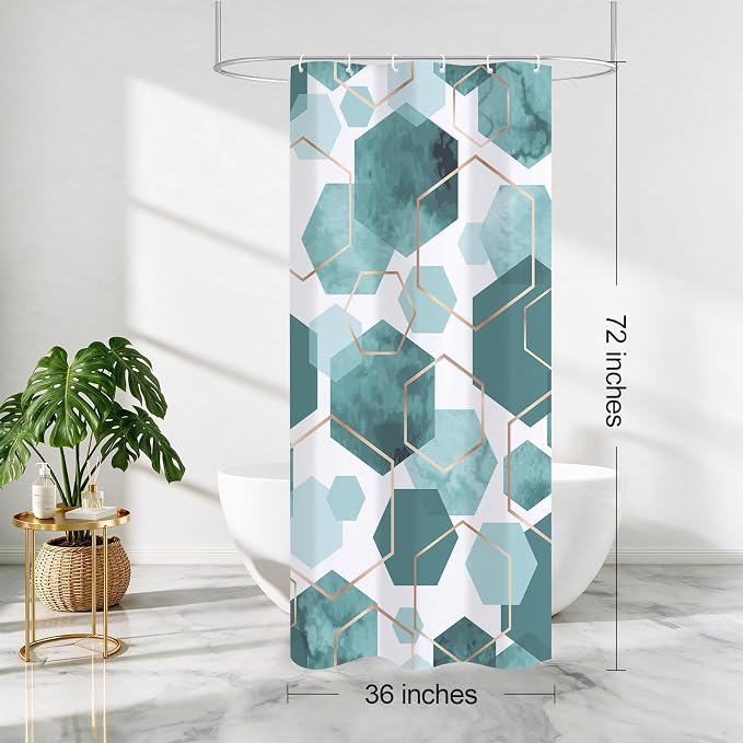Litabel Small Stall Shower Curtain Set, Geometric Bathroom Decor 36x72 | Narrow Half Modern Minimalist Shower Curtais, Teal Geometric Art Print Abstract Waterproof Bath Curtain