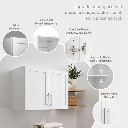 Prepac Elite 24" H Wall Cabinet with Panel Doors, White Storage Cabinet, Bathroom Cabinet, Pantry with 1 Adjustable Shelf 16.75" D x 32" W x 24" H, WSUR-1002-1