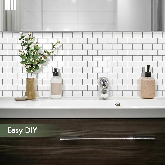 10-Sheet Thick Peel and Stick Kitchen Backsplash Tiles | 3D Subway Waterproof Self-Adhesive Wall Tile Stick on Backsplash for Kitchen and Bathroom(White Gray Grout,12"×12")