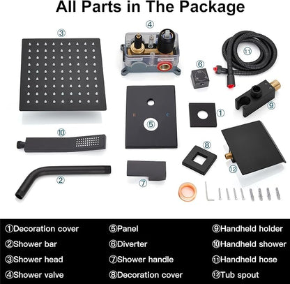 Midanya Shower System with Tub Spout,8 Inch Shower Head,Matte Black | with Valve & Trim Kit,Square Rain Head,Handheld Sprayer,Waterfall Spout,All Metal Wall Mount Bathroom Shower Tub Faucet Set