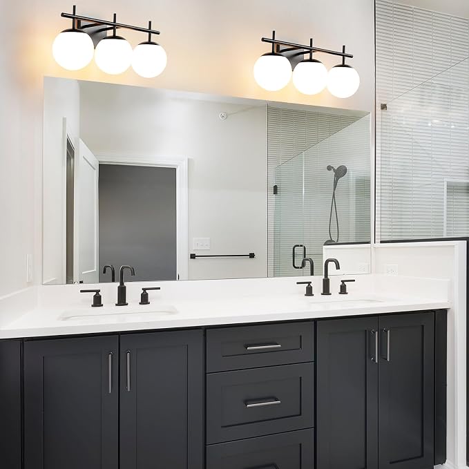 AIJIASI Black Bathroom Vanity Light, 3-Light Bathroom Lighting Fixtures Over Mirror with Milky White Globe Glass Shade, Mid Century Modern Vanity Lights Fixture Over Mirror 22.4 Inch