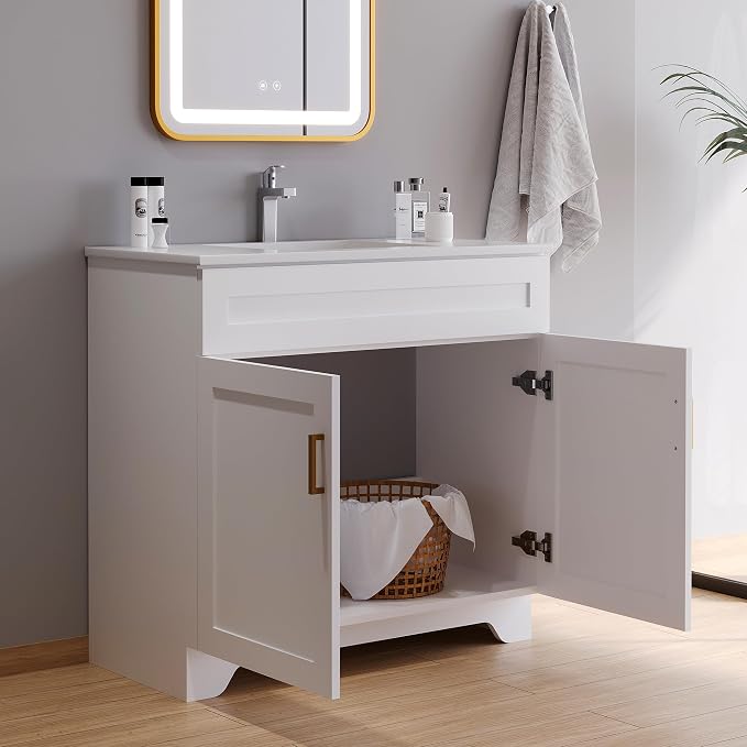 36 Inch Bathroom Vanity, Wooden Double Door Bathroom Storage Cabinet, Freestanding Cabinet Vanity Without Sink (White Without Sink, 36")