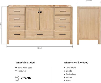 ARIEL Cambridge 60-inch Bathroom Vanity Base Cabinet,Solid Wood, 2 Soft Closing Doors, 9 Dovetail Drawers, White Oak