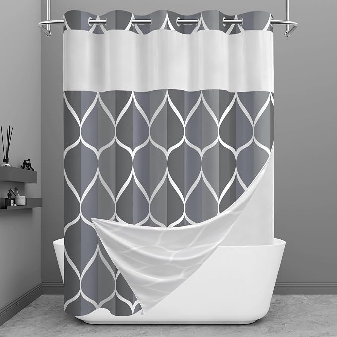 Gelbchu Dark Gray No Hook Shower Curtain with Snap-in Liner, 71 x 74 Inch | Built-In Hooks, Mesh Top Window, Water-Repellent, Machine Washable, Quick Drying, Premium Polyester, Hotel Style, Modern