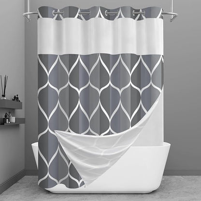 Gelbchu Dark Gray No Hook Shower Curtain with Snap-in Liner, 71 x 74 Inch | Built-In Hooks, Mesh Top Window, Water-Repellent, Machine Washable, Quick Drying, Premium Polyester, Hotel Style, Modern