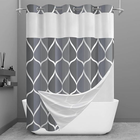 Gelbchu Dark Gray No Hook Shower Curtain with Snap-in Liner, 71 x 74 Inch | Built-In Hooks, Mesh Top Window, Water-Repellent, Machine Washable, Quick Drying, Premium Polyester, Hotel Style, Modern