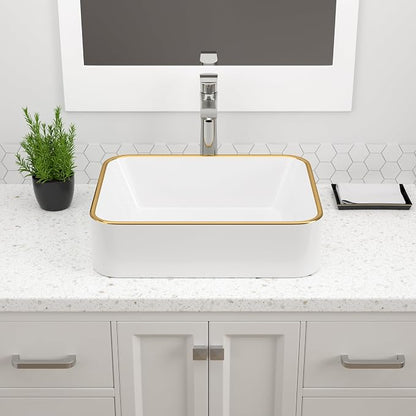 Dcolora Vessel Sink Rectangular 19"x15" White Vessel Sink with Gold Rim Ceramic Porcelain Rectangle Bathroom Sink Above Counter Vanity Sink Basin