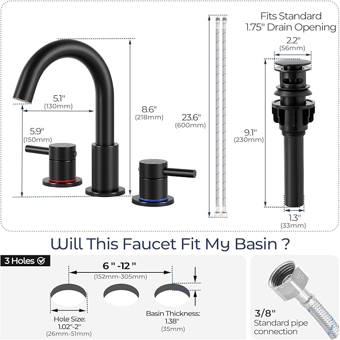 Bathroom Faucet 3 Hole, Matte Black Bathroom Sink Faucet with Pop Up Drain, 8 inch Widespread Bathroom Faucet with 360° Swivel Spout, 2 Handle Vanity Faucet with Water Supply Hoses