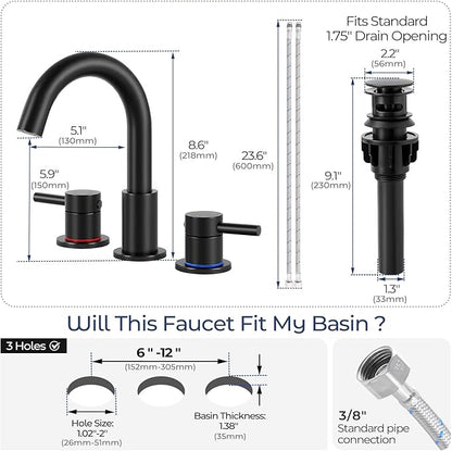 Bathroom Faucet 3 Hole, Matte Black Bathroom Sink Faucet with Pop Up Drain, 8 Inch Widespread Bathroom Faucet with 360° Swivel Spout, 2 Handle Vanity Faucet with Water Supply Hoses (2 Pack)