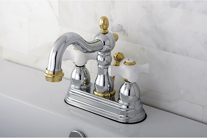 Kingston Brass KB1604PX Heritage 4-Inch Centerset Lavatory Faucet with Porcelain Cross Handle, Polished Chrome and Polished Brass